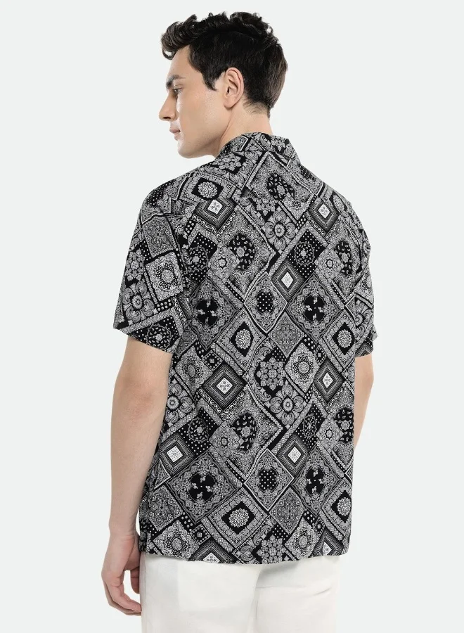 Dennis Lingo Relaxed Fit Black AOP Viscose Shirt Cuban Collar