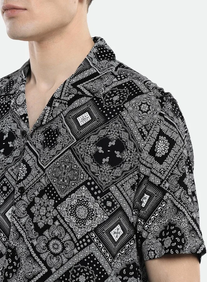 Dennis Lingo Relaxed Fit Black AOP Viscose Shirt Cuban Collar
