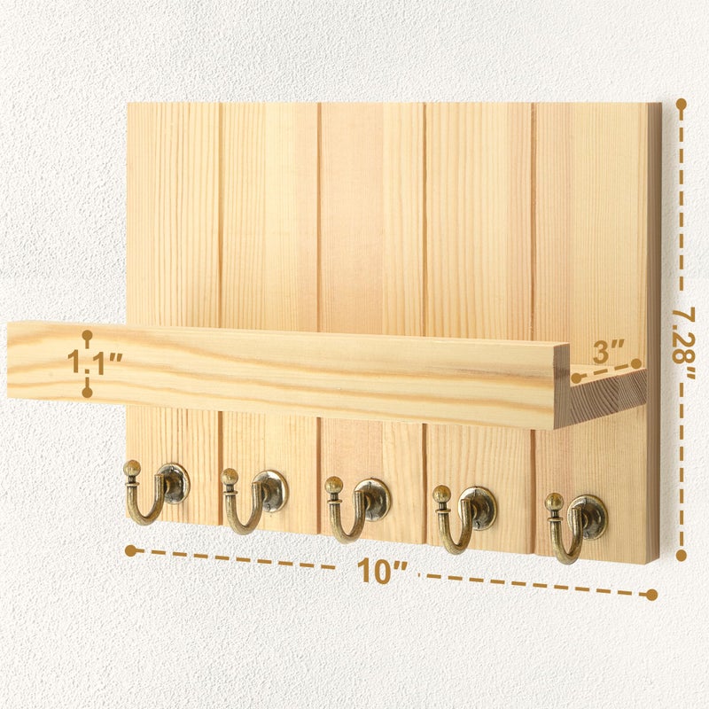 Rebee Vision Pine Wood Key Holder Wall Mount with 5 Hooks and Shelf â€“ Farmhouse Key Holder for Wall for Entryway Organization â€“ Perfect for Mail & Letters (Orginal Wood,3.54" x 10" x 7.28") - Image 2