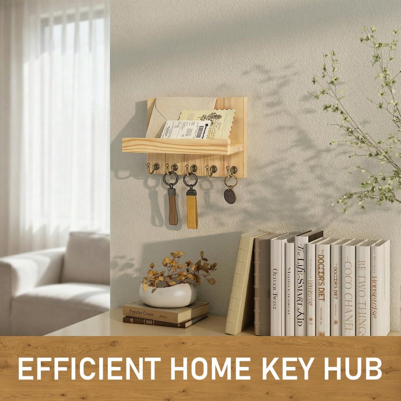 Rebee Vision Pine Wood Key Holder Wall Mount with 5 Hooks and Shelf â€“ Farmhouse Key Holder for Wall for Entryway Organization â€“ Perfect for Mail & Letters (Orginal Wood,3.54" x 10" x 7.28") - Image 4