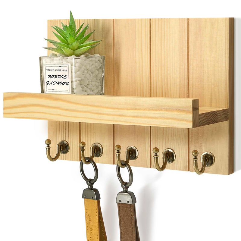 Rebee Vision Pine Wood Key Holder Wall Mount with 5 Hooks and Shelf â€“ Farmhouse Key Holder for Wall for Entryway Organization â€“ Perfect for Mail & Letters (Orginal Wood,3.54" x 10" x 7.28") - Image 1