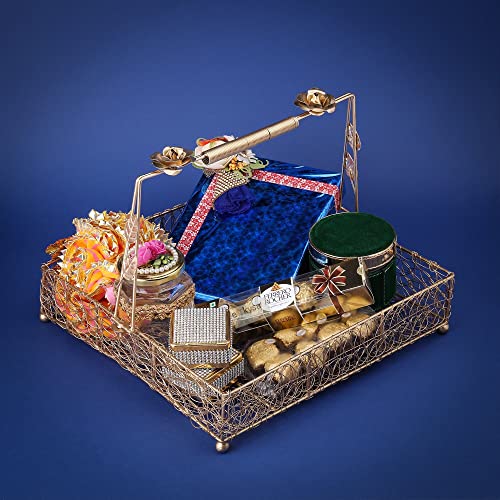 ekysa dekor metal meshwire multipurpose hamper Fancy Basket/Tray/Platter with handles for Packing, Gifting, Decoration - Golden (12 * 3 inch) - Image 3