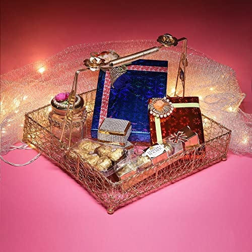ekysa dekor metal meshwire multipurpose hamper Fancy Basket/Tray/Platter with handles for Packing, Gifting, Decoration - Golden (12 * 3 inch) - Image 2