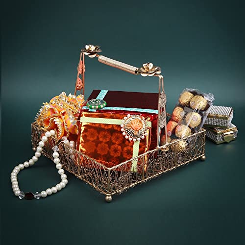 ekysa dekor metal meshwire multipurpose hamper Fancy Basket/Tray/Platter with handles for Packing, Gifting, Decoration - Golden (12 * 3 inch) - Image 4