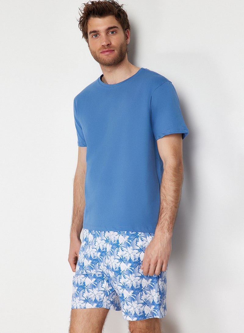 trendyol Blue 100% Cotton Regular Fit Palm Printed Shorts Pajamas Set Thmss21Pt0331 - Image 2