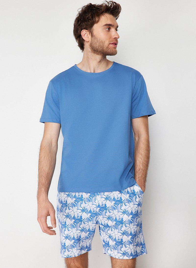 trendyol Blue 100% Cotton Regular Fit Palm Printed Shorts Pajamas Set Thmss21Pt0331 - Image 1