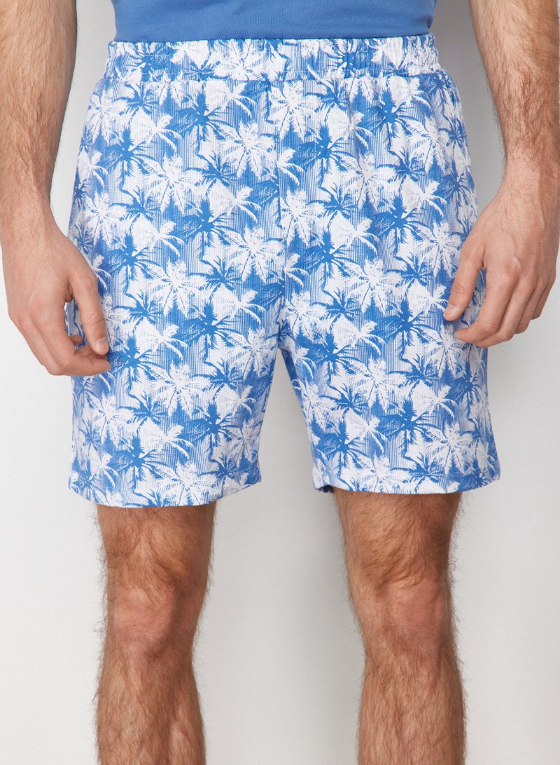 trendyol Blue 100% Cotton Regular Fit Palm Printed Shorts Pajamas Set Thmss21Pt0331 - Image 4