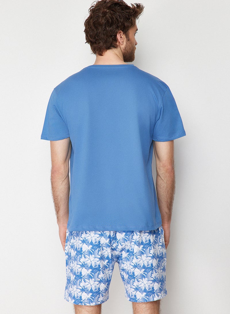 trendyol Blue 100% Cotton Regular Fit Palm Printed Shorts Pajamas Set Thmss21Pt0331 - Image 5