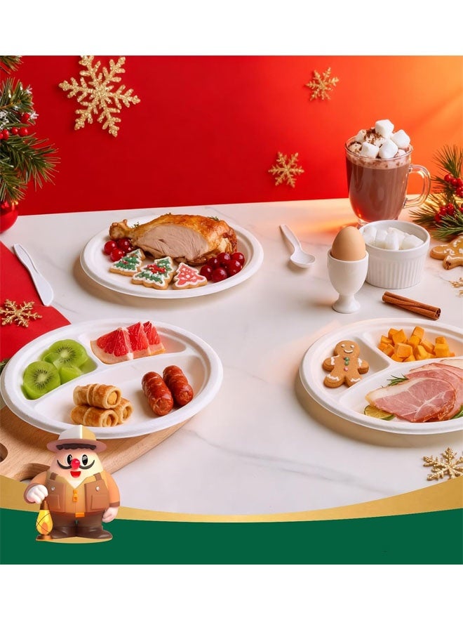 Bukela Compostable 𝟯 Compartment Paper Plates 𝟵 𝗜𝗻𝗰𝗵 [𝟭𝟱𝟬 𝗣𝗮𝗰𝗸] Heavy Duty Divided Disposable Eco-Friendly Bagasse Biodegradable White Round Trays for Party Dinner Lunch - Image 4