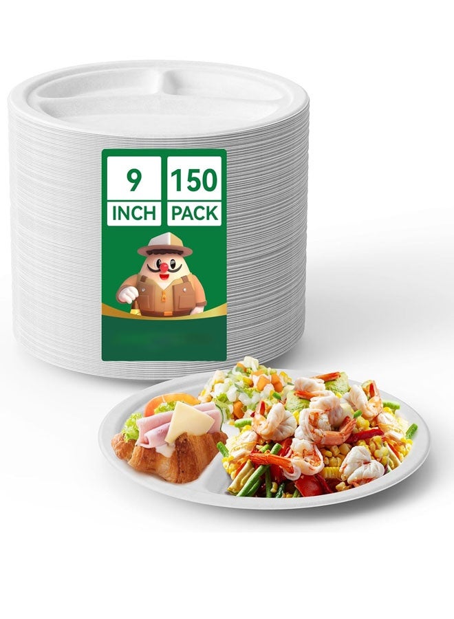 Bukela Compostable 𝟯 Compartment Paper Plates 𝟵 𝗜𝗻𝗰𝗵 [𝟭𝟱𝟬 𝗣𝗮𝗰𝗸] Heavy Duty Divided Disposable Eco-Friendly Bagasse Biodegradable White Round Trays for Party Dinner Lunch - Image 1