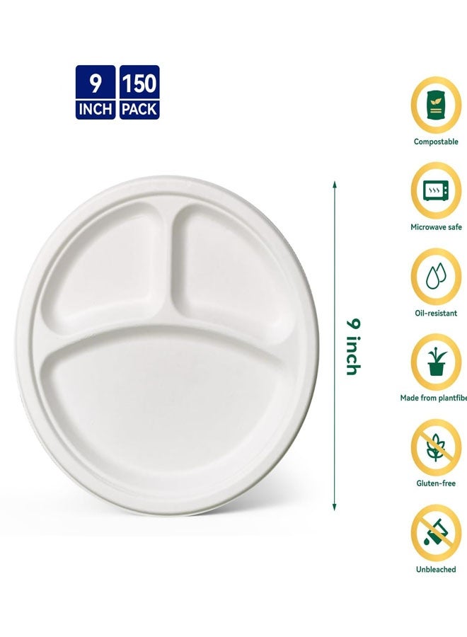Bukela Compostable 𝟯 Compartment Paper Plates 𝟵 𝗜𝗻𝗰𝗵 [𝟭𝟱𝟬 𝗣𝗮𝗰𝗸] Heavy Duty Divided Disposable Eco-Friendly Bagasse Biodegradable White Round Trays for Party Dinner Lunch - Image 2