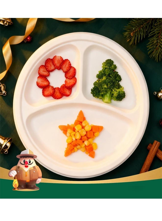 Bukela Compostable 𝟯 Compartment Paper Plates 𝟵 𝗜𝗻𝗰𝗵 [𝟭𝟱𝟬 𝗣𝗮𝗰𝗸] Heavy Duty Divided Disposable Eco-Friendly Bagasse Biodegradable White Round Trays for Party Dinner Lunch - Image 5
