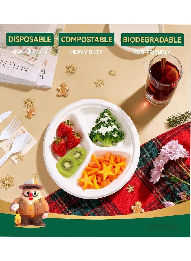 Bukela Compostable 𝟯 Compartment Paper Plates 𝟵 𝗜𝗻𝗰𝗵 [𝟭𝟱𝟬 𝗣𝗮𝗰𝗸] Heavy Duty Divided Disposable Eco-Friendly Bagasse Biodegradable White Round Trays for Party Dinner Lunch - Image 3