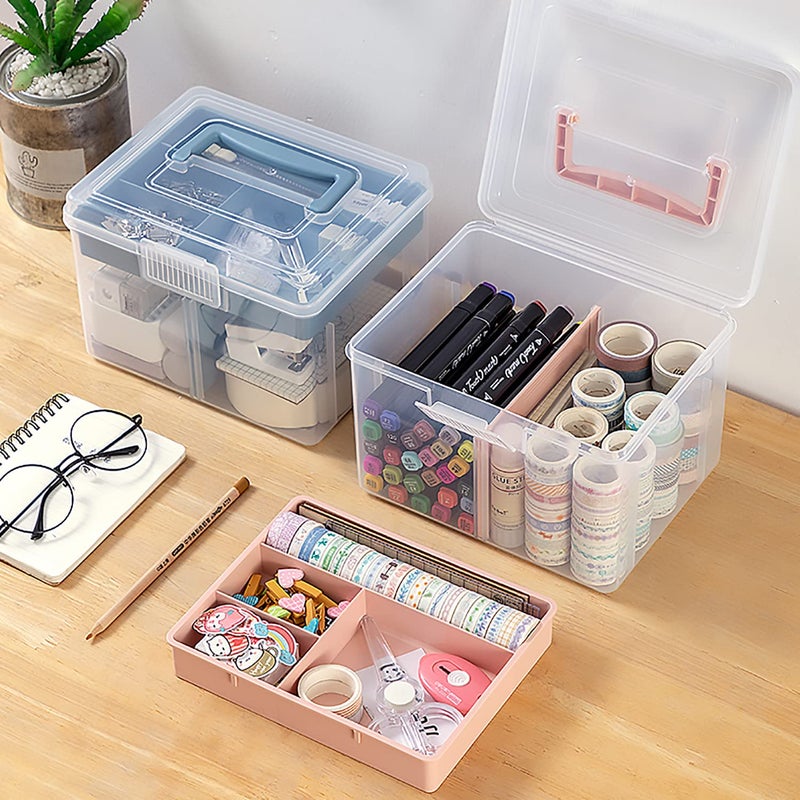 FOREVERIE Small Portable Plastic Storage Box for Beauty Ornaments Hair Nail Accessories, Cosmetic Case with Handle & Removable Tray & a Divider, Sewing Box Organizer, Kids Art Box (Clear & Pink) - Image 3