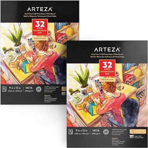 ARTEZA Watercolor Paper, Pack of 2, 32 Sheets Each, 9x12 Inch Watercolor Sketchbook, 140lb/300gsm, Cold Press, Acid Free Art Paper - Image 1