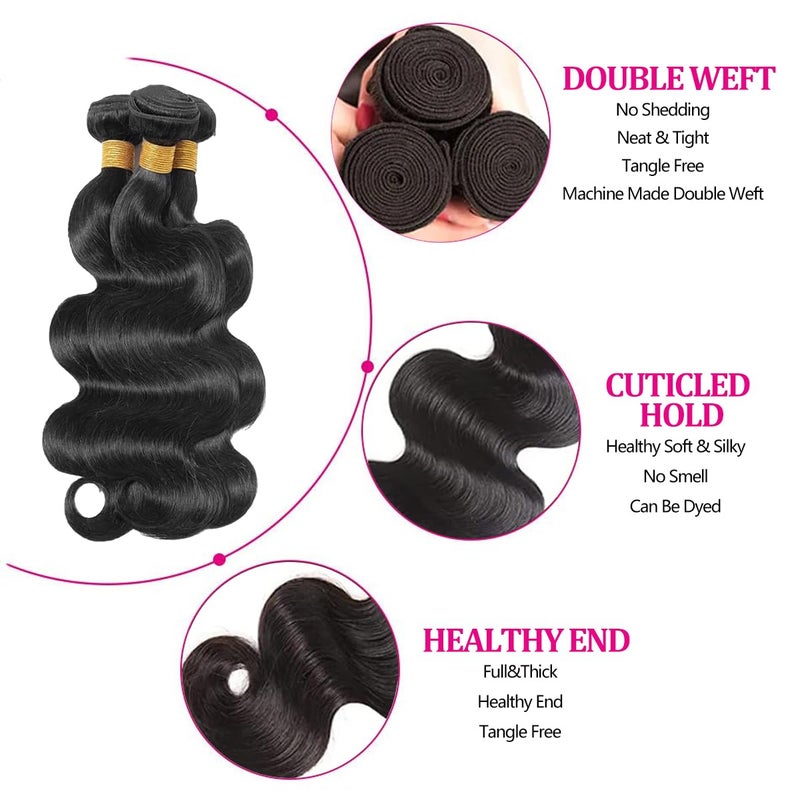 Smoothair Body Wave Bundles Human Hair 14 14 14 Inch Human Hair Bundle 100% Unprocessed Brazilian Virgin Hair 3 Bundles Human Hair Extensions for Black Women Natural Color - Image 2