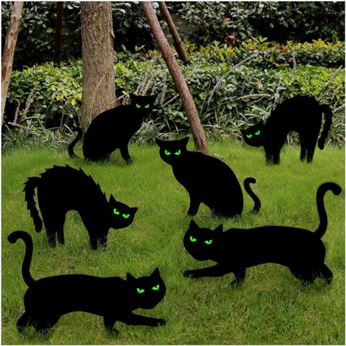 Ivenf Halloween Decorations Outdoor, 6ct Black Cat Decor Yard Signs with Stakes, Scary Silhouette with Glow in Dark Eyes, Corrugated Plastic, Waterproof Lawn Decorations for Kids Family Home Party - Image 1