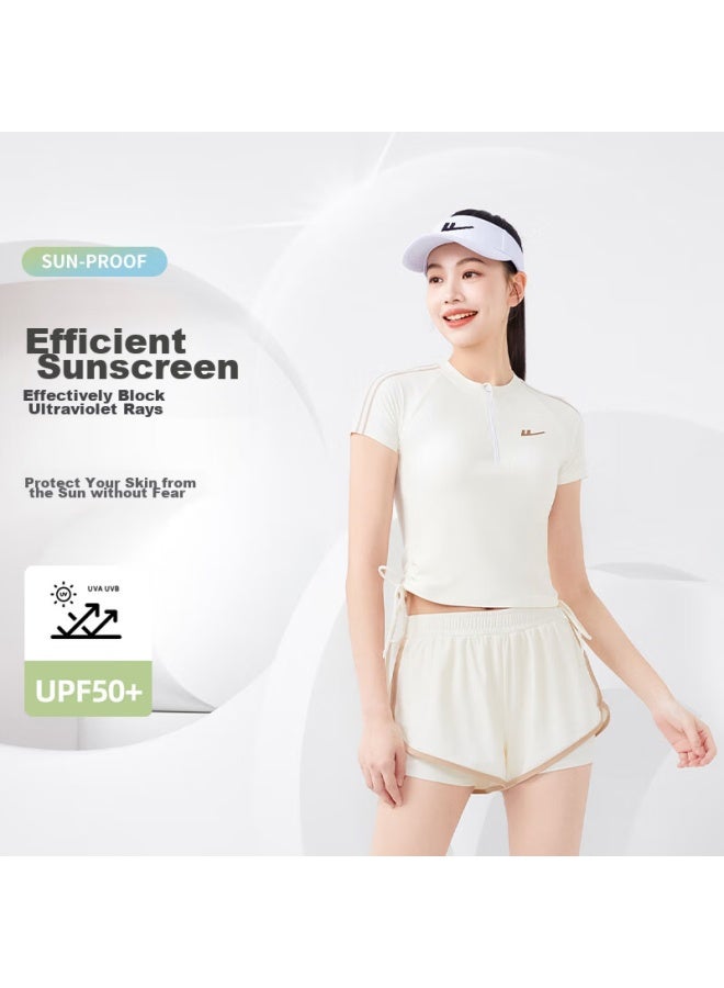 Pull Back Huili Conservative Two-piece Swimsuit For Women, Elegant Slimming Tummy-covering Quick-dry Swim Shorts And Top Set, 14018 White L - Image 4