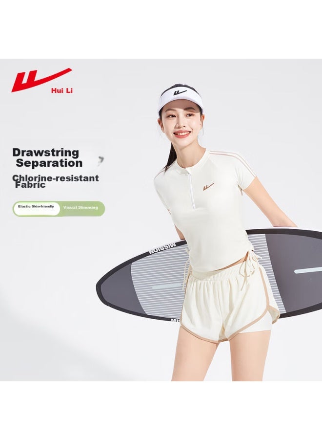 Pull Back Huili Conservative Two-piece Swimsuit For Women, Elegant Slimming Tummy-covering Quick-dry Swim Shorts And Top Set, 14018 White L - Image 1