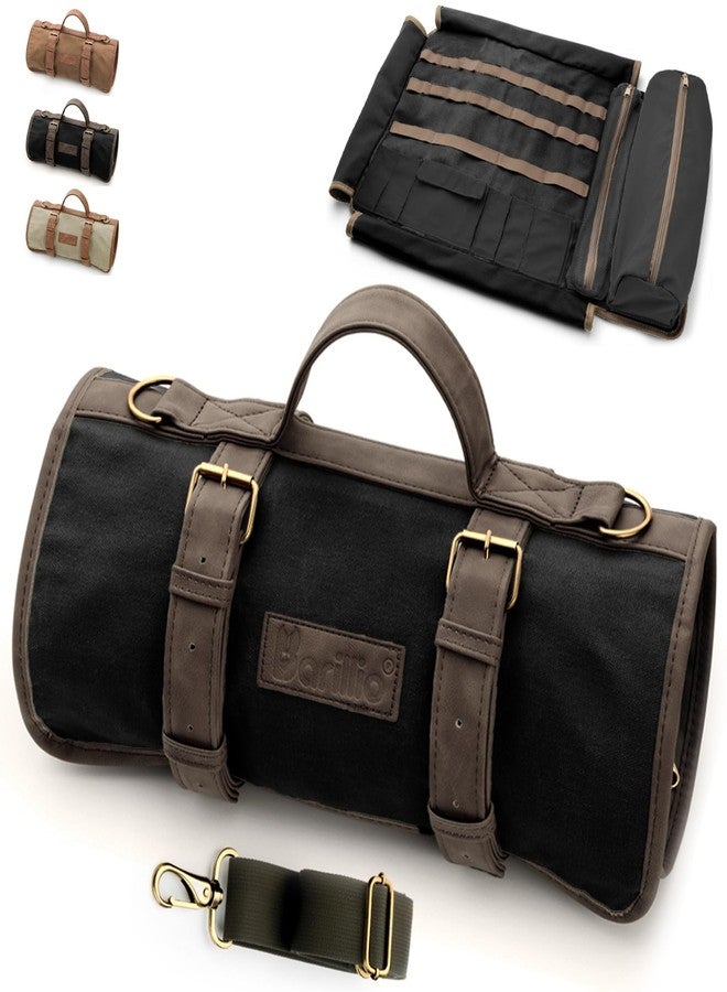 Barillio Bartender Bag (Without Tools) - Stylish, Waxed Canvas, Roll Up Traveling Bar Bag for Carrying Bar Tools and Cocktail Shaker Set with Shoulder Strap - Portable Travel Bartending Roll Black - Image 1