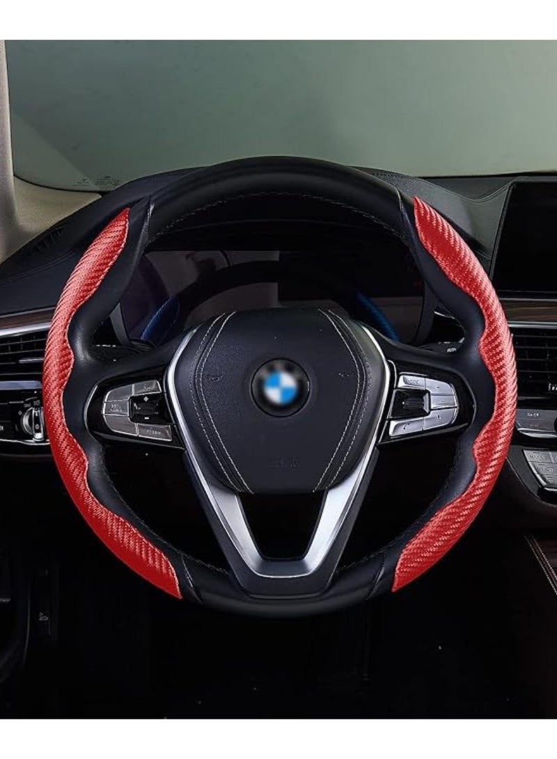Yuwell Carbon Fiber Steering Wheel Cover For Unisex Safe And Non Slip Car Steering Cover Universal Fit Car Steering Wheel Protector Carbon Texture For Auto Truck Van SUV Red - Image 2