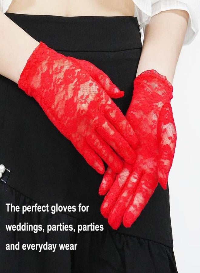 YANWENX Ladies Lace Gloves Short Wedding Gloves Elegant Bridal Gloves Floral Lace Party Gloves_Red - Image 5