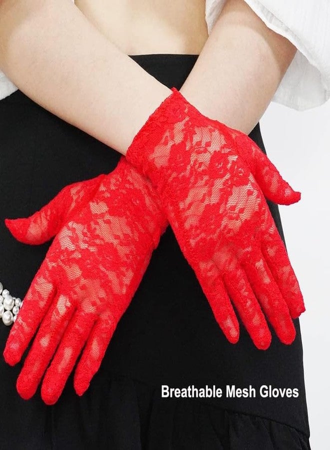 YANWENX Ladies Lace Gloves Short Wedding Gloves Elegant Bridal Gloves Floral Lace Party Gloves_Red - Image 2