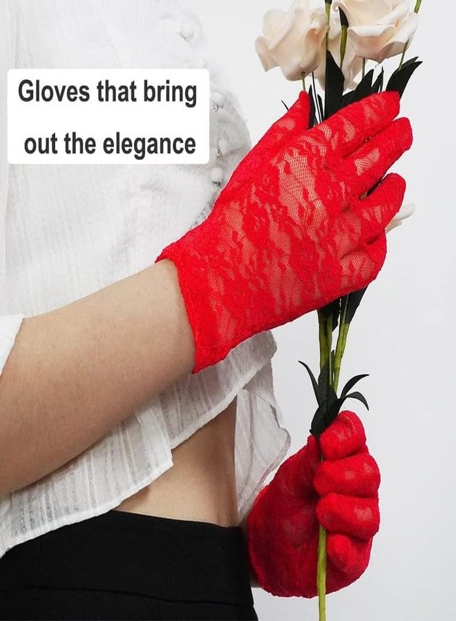 YANWENX Ladies Lace Gloves Short Wedding Gloves Elegant Bridal Gloves Floral Lace Party Gloves_Red - Image 4