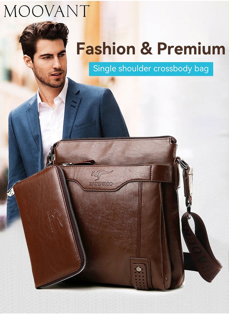 Moovant - 2-Piece Men's Shoulder Bag, with Matching Zipper Wallet, Fashion Casual Crossbody Bag, Soft Leather Men's Bag, Brown - Image 1