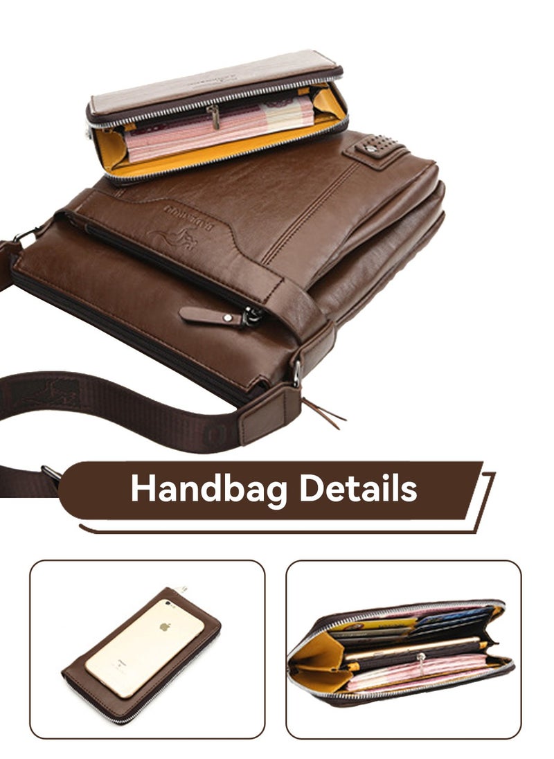 Moovant - 2-Piece Men's Shoulder Bag, with Matching Zipper Wallet, Fashion Casual Crossbody Bag, Soft Leather Men's Bag, Brown - Image 1