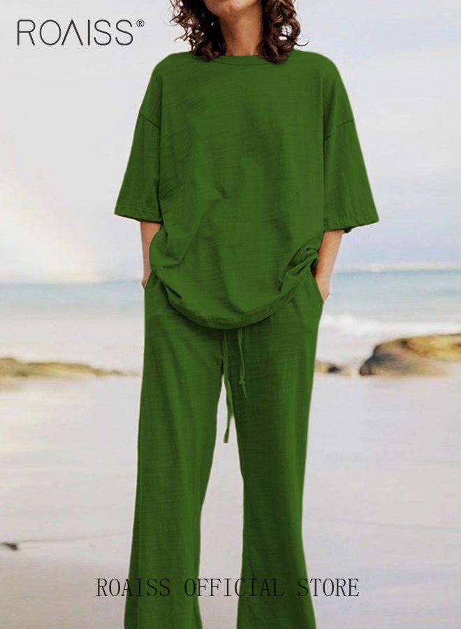 roaiss Ladies Comfortable and Fashionable Cotton Linen 2-Piece Suit - Short Sleeve Top and Wide Leg Pants Set with Belt for Daily Commute and Leisure - Simple Loose Fit Design  - Image 1