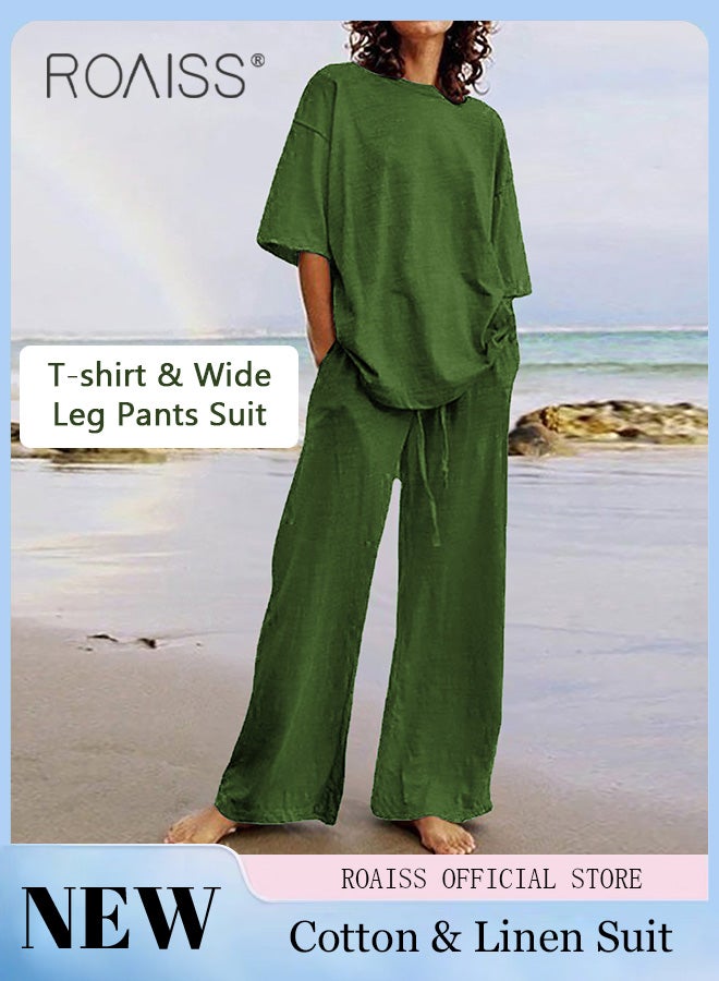 roaiss Ladies Comfortable and Fashionable Cotton Linen 2-Piece Suit - Short Sleeve Top and Wide Leg Pants Set with Belt for Daily Commute and Leisure - Simple Loose Fit Design  - Image 2