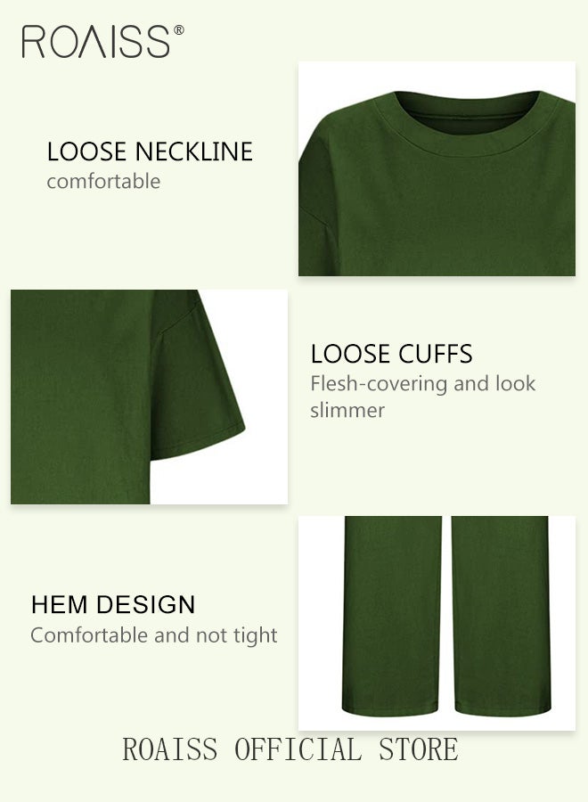 roaiss Ladies Comfortable and Fashionable Cotton Linen 2-Piece Suit - Short Sleeve Top and Wide Leg Pants Set with Belt for Daily Commute and Leisure - Simple Loose Fit Design  - Image 5