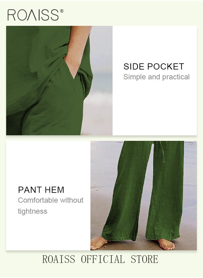 Ladies Comfortable and Fashionable Cotton Linen 2-Piece Suit - Short Sleeve Top and Wide Leg Pants Set with Belt for Daily Commute and Leisure - Simple Loose Fit Design - pzsku/Z58C409F7D82D605D5944Z/45/_/1738909187/2ed15ed2-9321-46e6-9587-11f7bc788d94