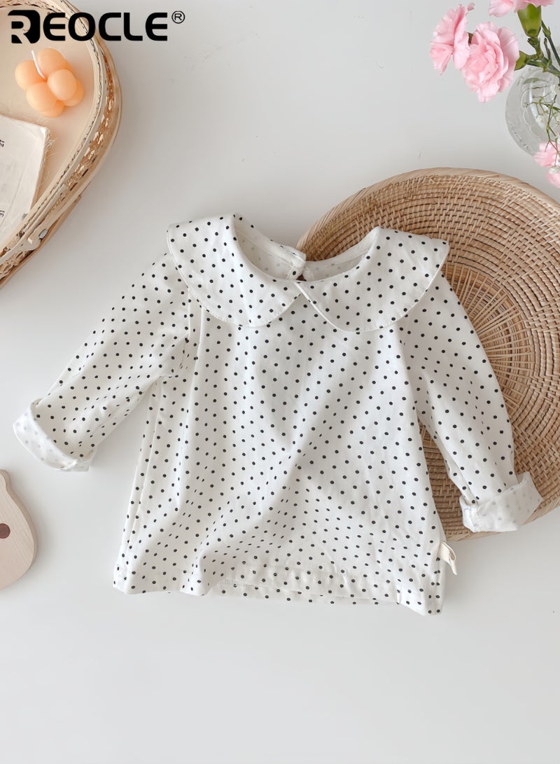 REOCLE Girl's Doll-style Blouse with Polka Dot Design and Long Sleeve Comfort Fashion Top with Soft Fabric for Autumn Infant Wear - Image 1