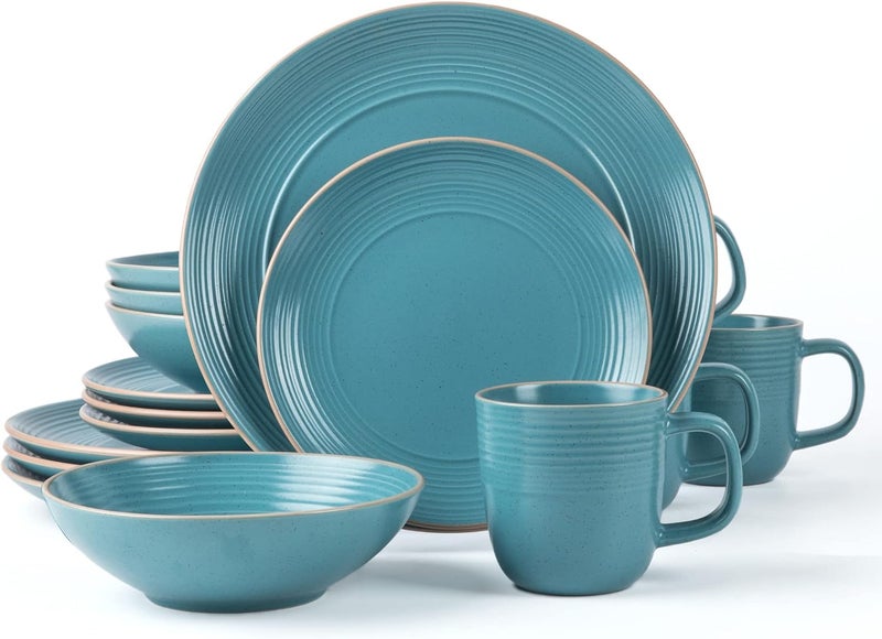 Arora RINGAR Round Stoneware 16pc Dinnerware Set of 4 Dinner Plates Side Plates Cereal Bowls Mugs  Speckle Matte Turquoise 428693 - Image 1