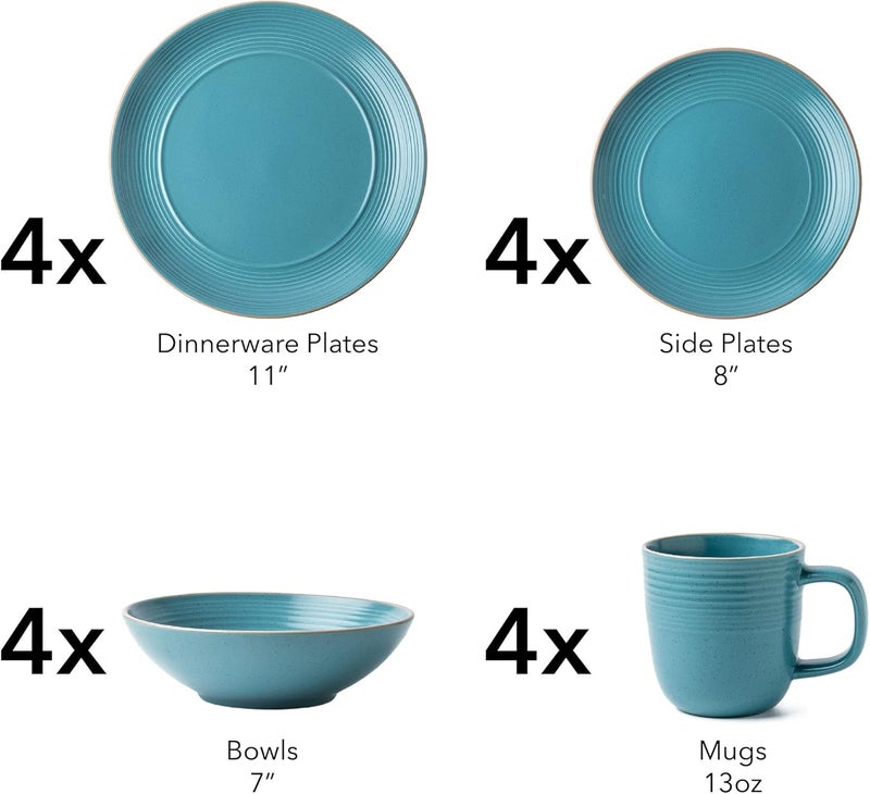 Arora RINGAR Round Stoneware 16pc Dinnerware Set of 4 Dinner Plates Side Plates Cereal Bowls Mugs  Speckle Matte Turquoise 428693 - Image 2