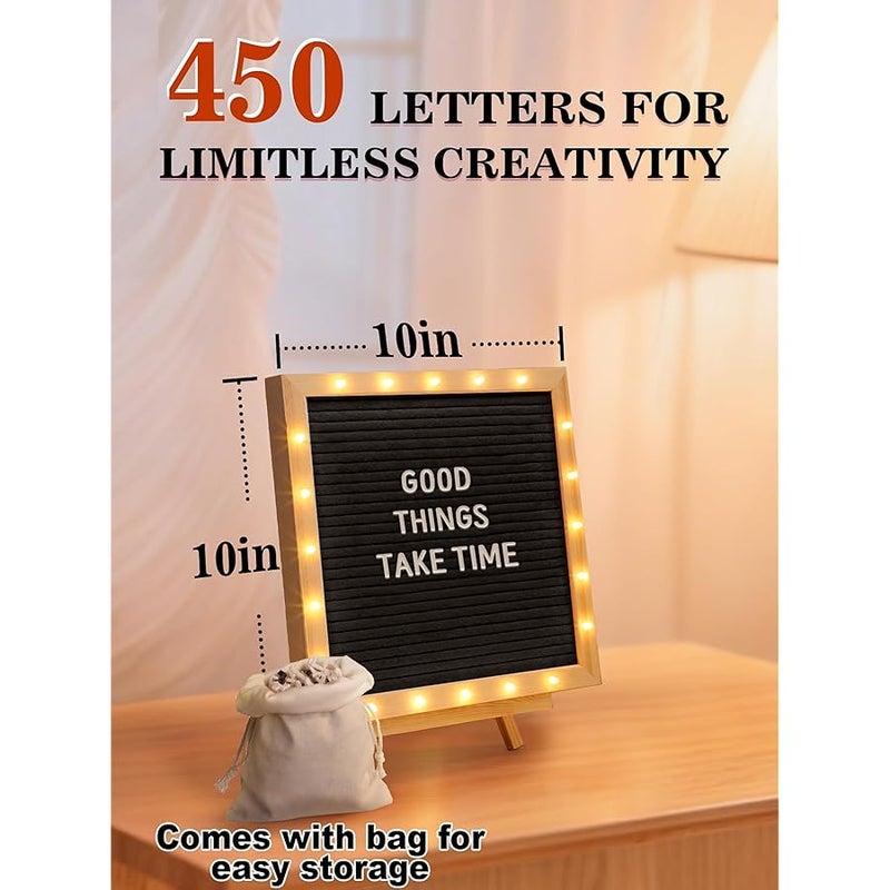 ANPHSIN Changeable Felt Letter Board with LED Lights - 10×10 Message Custom Signs & Wood Stand & 450 Letters, Poster Board for Graduation/Baby/Pregnancy Announcement/Classroom Wall Decor Gifts, Black - Image 4