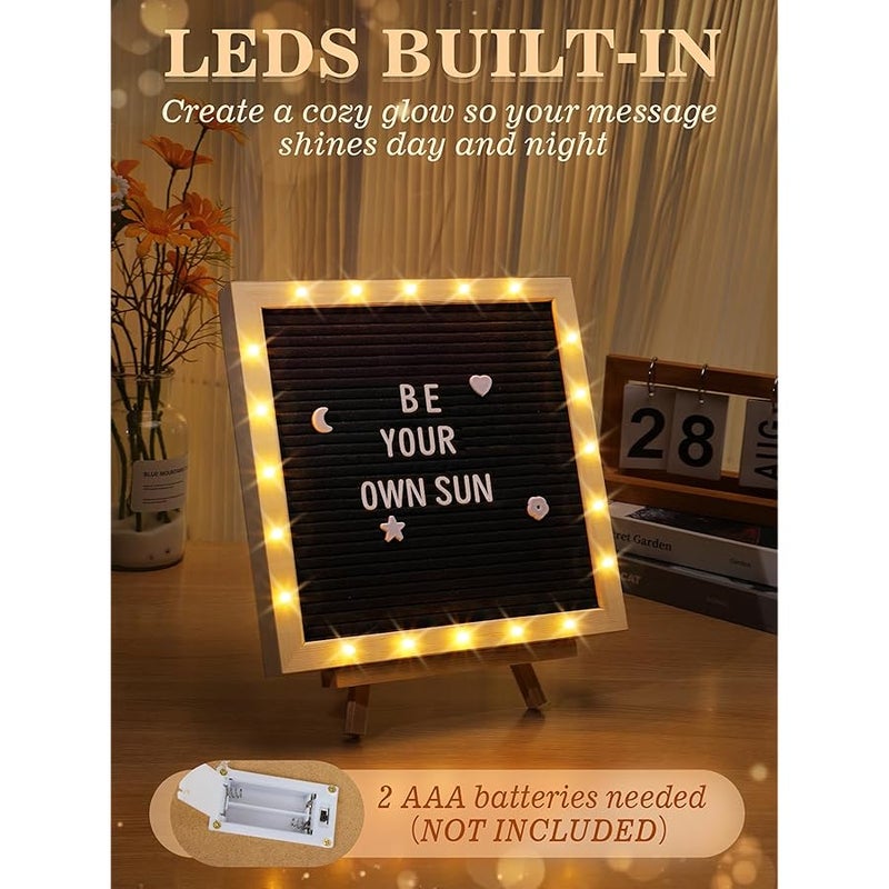ANPHSIN Changeable Felt Letter Board with LED Lights - 10×10 Message Custom Signs & Wood Stand & 450 Letters, Poster Board for Graduation/Baby/Pregnancy Announcement/Classroom Wall Decor Gifts, Black - Image 2