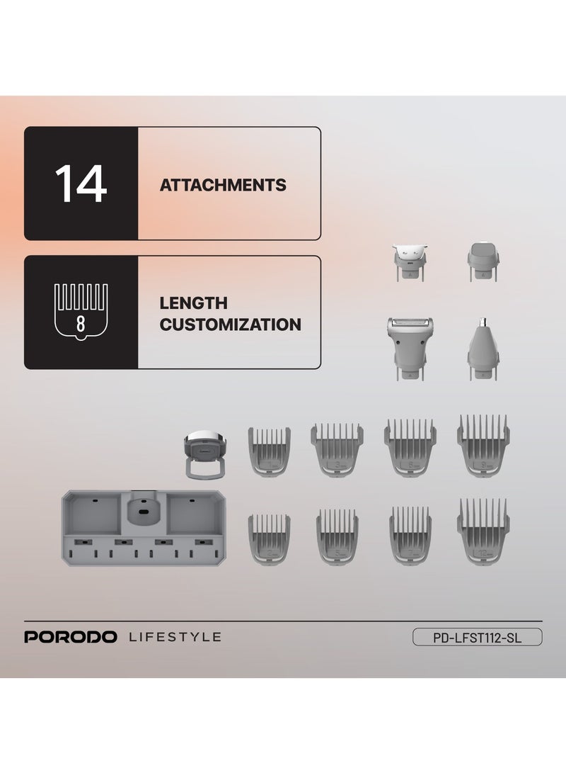 porodo Lifestyle 14-IN-1 Trimming & Grooming Kit for Men with Length Customization & Stainless-Steel Blades / Beard, Nose, Ear Trimmer / Body Shaver / 90Min Working Time / Cord & Cordless Use - Silver - Image 2