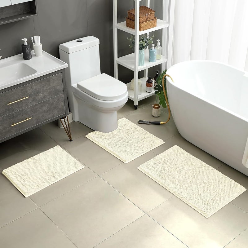 HOMEIDEAS 3 Pieces Bathroom Rugs, Ultra Soft Non Slip Absorbent Chenille Toilet Bath Mat Set (Ivory/Cream) - Image 2
