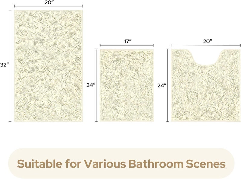 HOMEIDEAS 3 Pieces Bathroom Rugs, Ultra Soft Non Slip Absorbent Chenille Toilet Bath Mat Set (Ivory/Cream) - Image 3