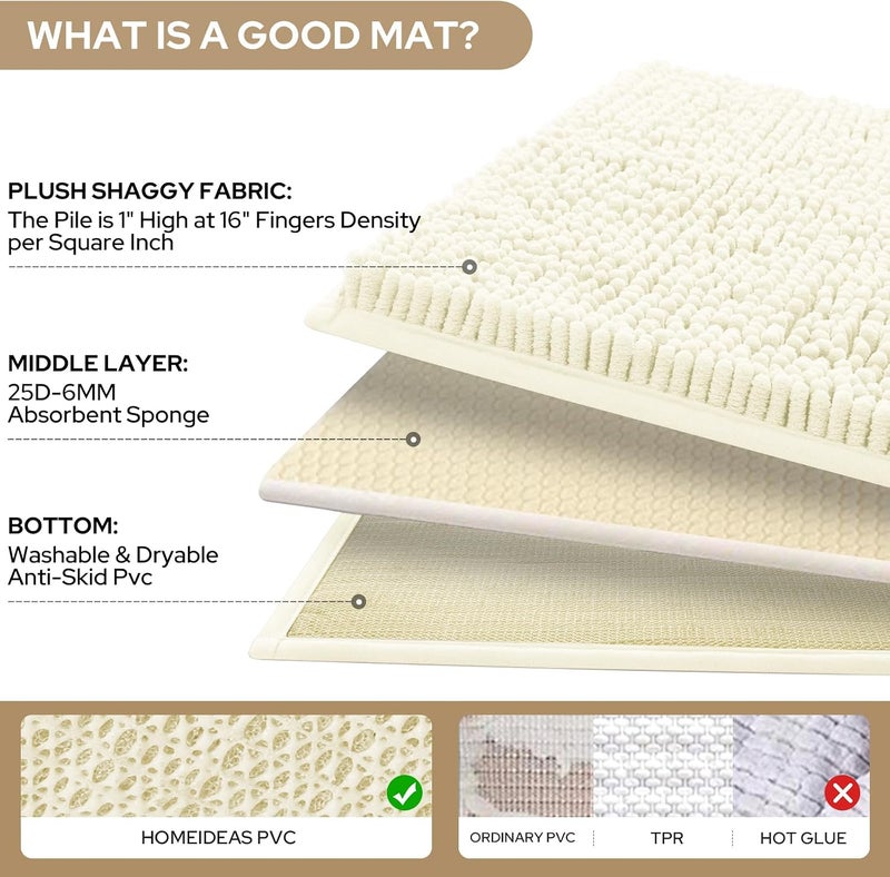 HOMEIDEAS 3 Pieces Bathroom Rugs, Ultra Soft Non Slip Absorbent Chenille Toilet Bath Mat Set (Ivory/Cream) - Image 4
