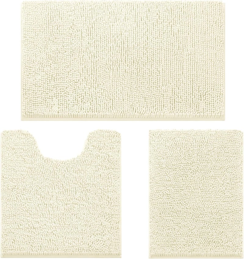 HOMEIDEAS 3 Pieces Bathroom Rugs, Ultra Soft Non Slip Absorbent Chenille Toilet Bath Mat Set (Ivory/Cream) - Image 1