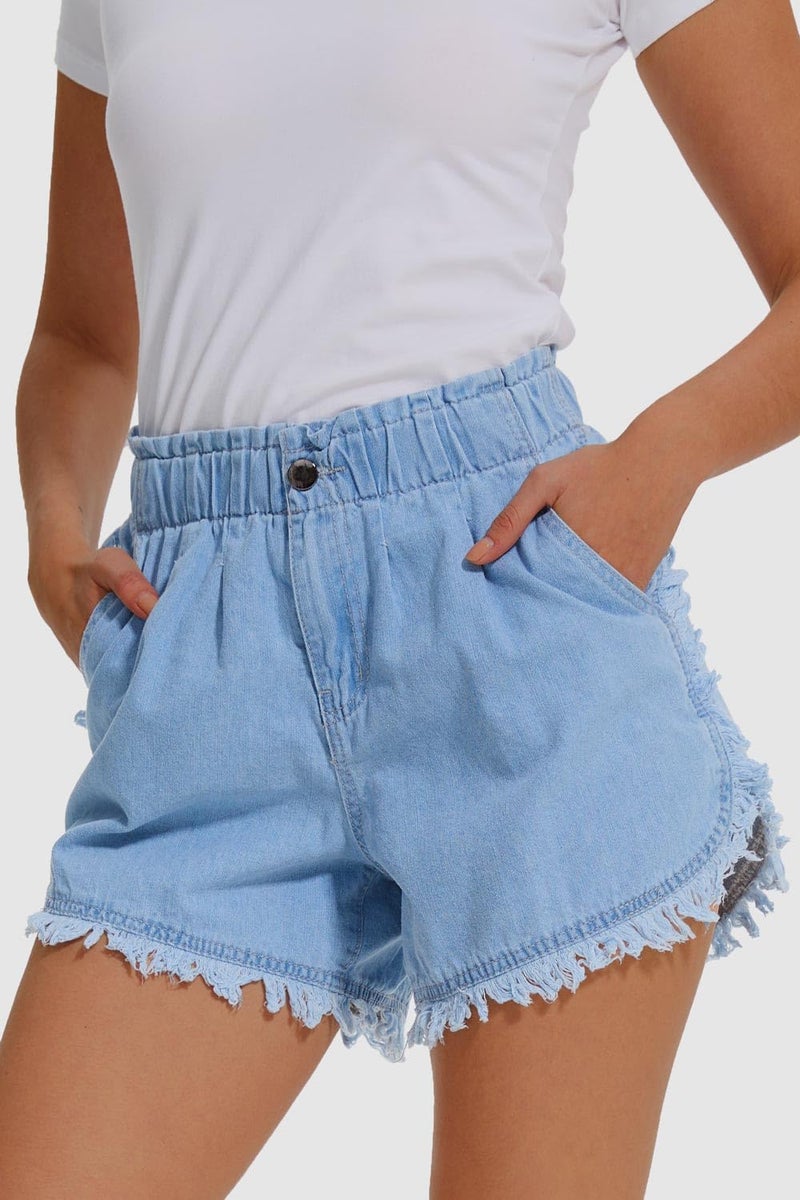 YOCUR Casual Jean Shorts for Women Casual Baggy Trendy High Waisted Tassel Denim Shorts Pockets Buttoms Hot Pants Light Blue S - Image 3
