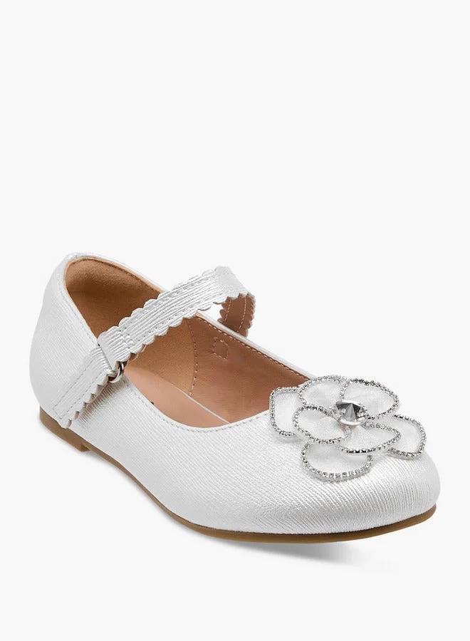 جونيورز حذاء باليرينا مزين بالزهور للبنات بإغلاق بشريط لاصق