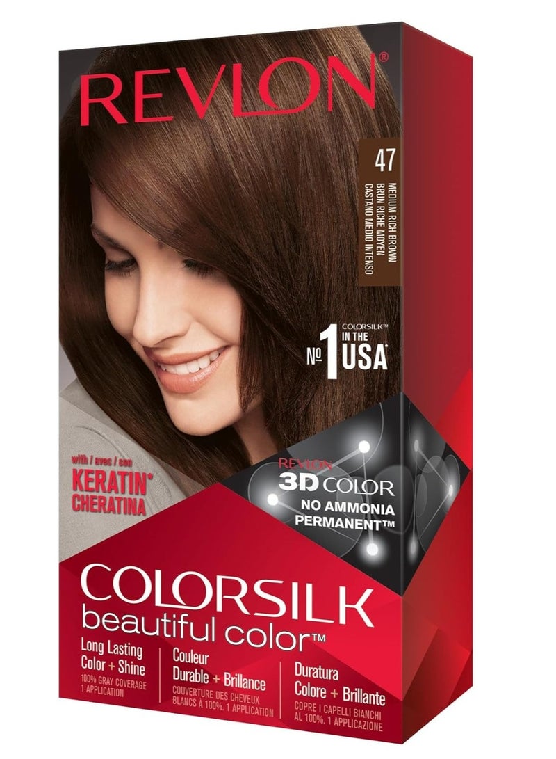 ريفلون صبغة شعر دائمة من ريفلون، صبغة شعر دائمة، كولور سيلك بتغطية 100% للشعر الرمادي، خالية من الأمونيا، الكيراتين والأحماض الأمينية، 47 بني متوسط ​​غني، 4.4 أونصة (عبوة من قطعة واحدة) - Image 1
