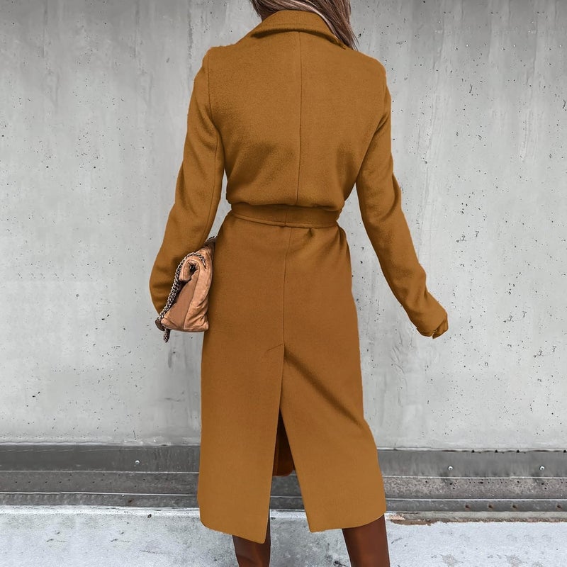 woobles Women's Faux Wool Notch Lapel Double Breasted Trench Belted Mid Long Outwear Winter Coat Slim Long Pea Coat Overcoat XX-Large 004-khaki - Image 4