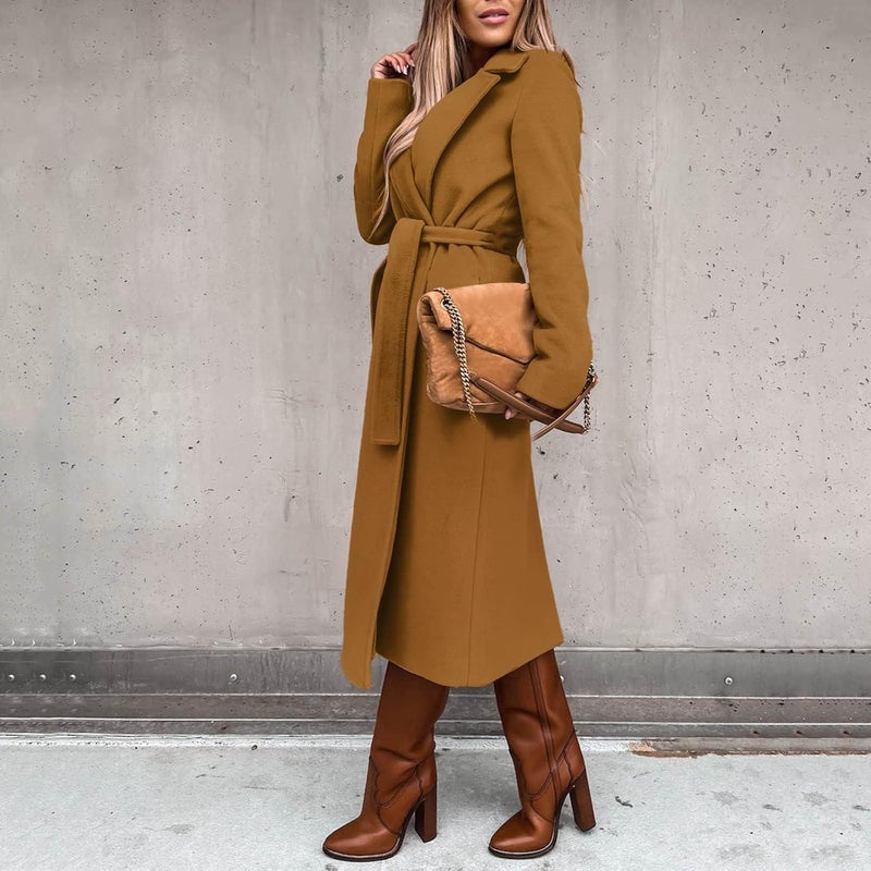 woobles Women's Faux Wool Notch Lapel Double Breasted Trench Belted Mid Long Outwear Winter Coat Slim Long Pea Coat Overcoat XX-Large 004-khaki - Image 2