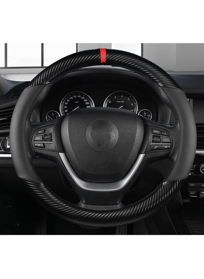 Generic Carbon Fiber Microfiber PU Leather Steering Wheel Cover Anti Slip Car Protector Sport for Enhanced Grip Safety Heat Cold Abrasion Resistant All Season Durable (37cm-38cm) - Image 1